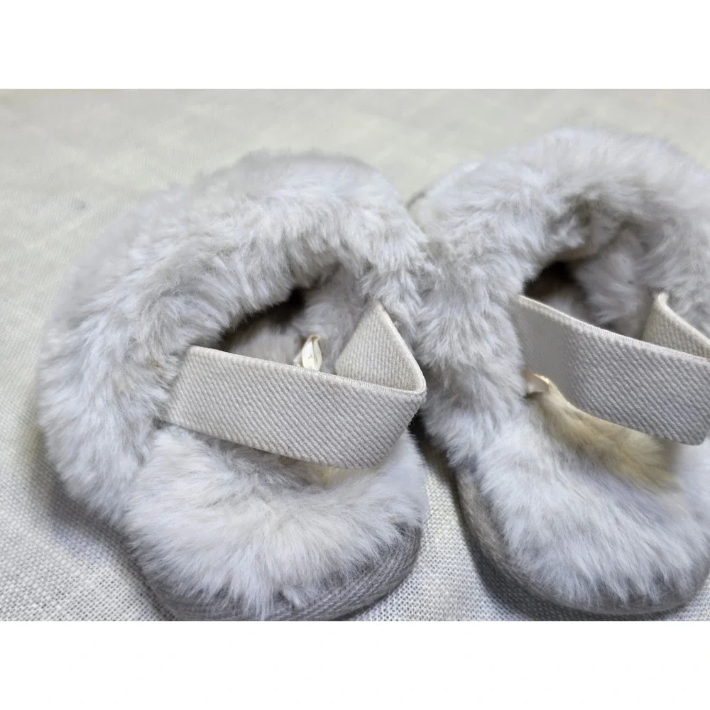 Girls Metallic Silver Faux Fur Slippers Elastic Back Strap Size 7-8 Kids